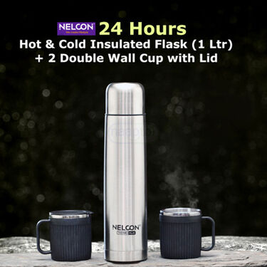 24 Hours Hot or Cold Insulated Flask (1.0 Ltr) + 2 Double Wall Cup with Lid (1F2C3)