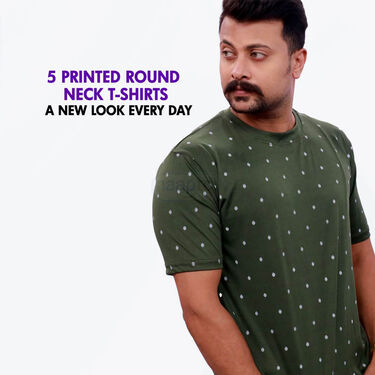 5 Printed Round Neck T-Shirts + Luxury Golden Watch (5RTW8)