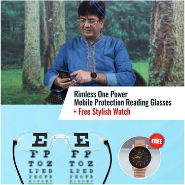 Rimless Bifocal One Power Mobile Protection Reading Glasses With Free Stylish Watch (BORG4W1)