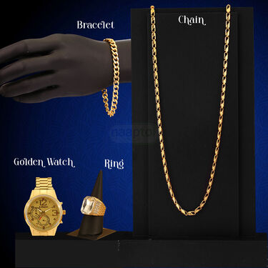 Golden Watch + Chain + Bracelet + Ring (MGWCBR15)