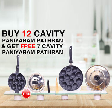 12 Cavity Nonstick Paniyaram Pathram & Lid + Free 7 Cavity Paniyaram Pathram & Lid (2AP2)