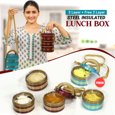 3 Layer + Free 2 Layer Steel Insulated Lunch Box (3&2RT)