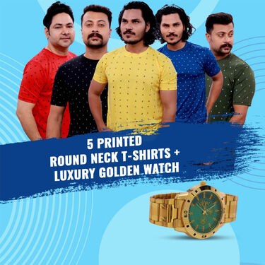 5 Printed Round Neck T-Shirts + Luxury Golden Watch (5RTW8)