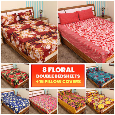 Pack Of 8 Floral Collection Double Bed Sheets + 16 Pillow Covers Free (8BS53)