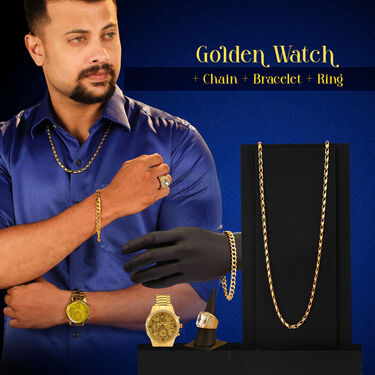 Golden Watch + Chain + Bracelet + Ring (MGWCBR15)