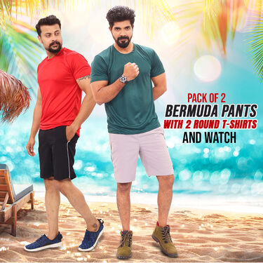 Pack of 2 Men's Bermuda Pants And 2 T-shirts Combo with Watch (PTR-2)