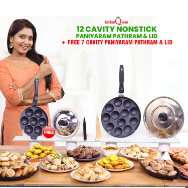 12 Cavity Nonstick Paniyaram Pathram & Lid + Free 7 Cavity Paniyaram Pathram & Lid (2AP2)